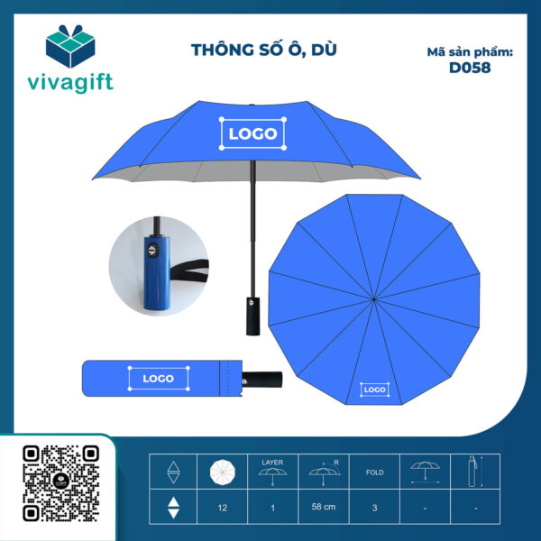 Ô Dù Gấp 3 Tự Động 2 Chiều Cán Nhựa D058 12 Kèo - Quatangviva.com