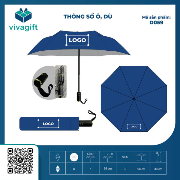 Dù Cầm Tay Gấp 3 Tự Động 2 Chiều 8 Kèo R=58cm D059 Cán Nhựa Phủ Mạ Vàng - Quatangviva.com