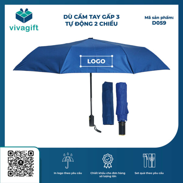 Dù Cầm Tay Gấp 3 Tự Động 2 Chiều 8 Kèo R=58cm D059 Cán Nhựa Phủ Mạ Vàng - Quatangviva.com