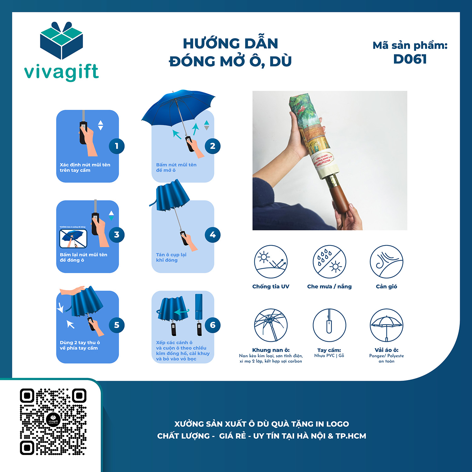 Ô Dù Gấp 3 Tự Động 2 Chiều Cán Gỗ 10 Kèo D061 - Quà tặng Viva