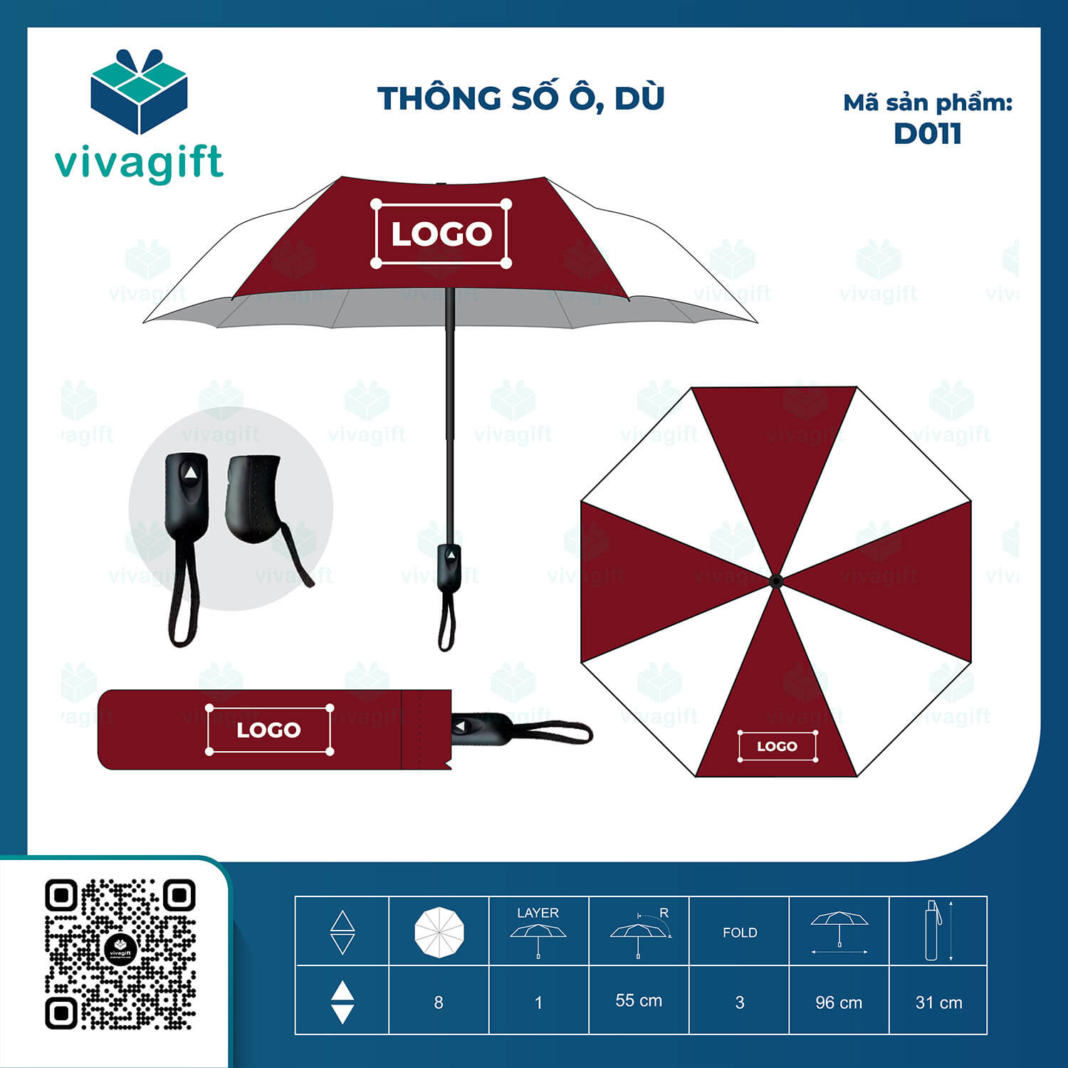 Ô dù cầm tay gấp 3 tự động 1 chiều R=55cm 9 kèo D011 - Quatangviva.com